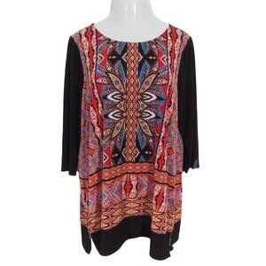 Rafaella Womens Top SIze 1X Tunic Multi Color Zip Side Slits Ikat Stretch 3/4 Sl